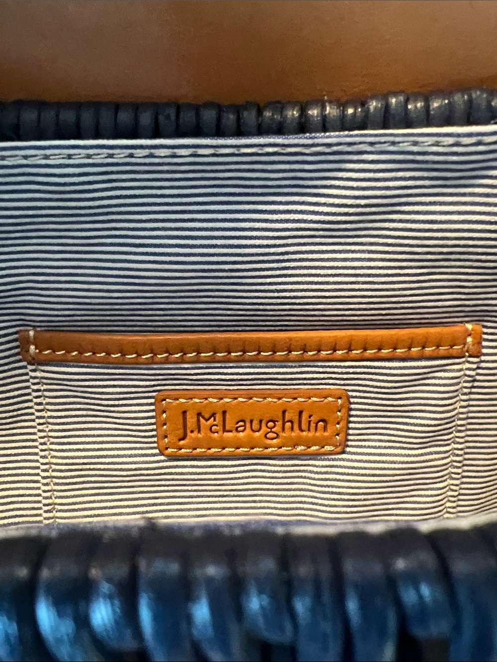 BEAUTIFUL  J. McLaughlin NAVY Wicker Shoulder Bag w brown leather strap - Picture 3 of 11